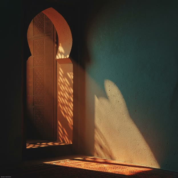 Warm dawn light through an arched doorway